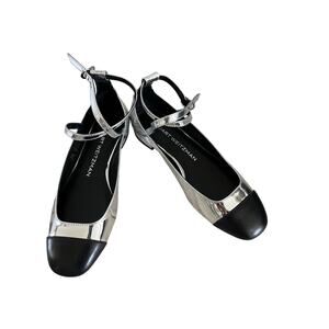 Stuart Weitzman Eden Silver Cap Toe Ankle Strap Flats Metallic Ballet Shoes 4B